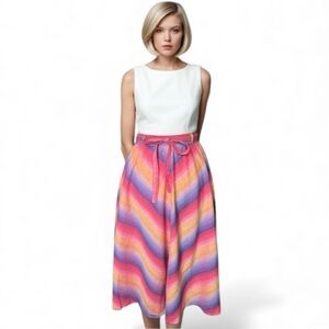 Vintage Colorful chevron Striped midi skirt retro belted pink purple feminine
